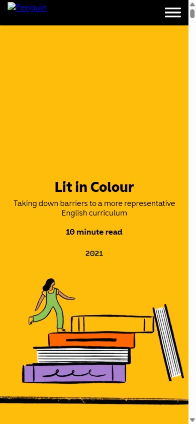 Mobile screenshot of the same page: full-width mustard block, centred title and meta, with the book-climbing illustration stacked below the text.