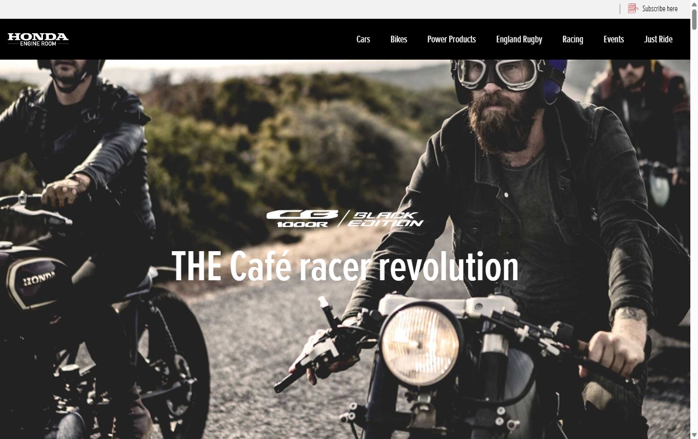 Desktop screenshot of the Honda Engine Room café racer feature